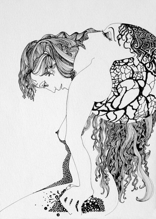 1980-3 plume femme penchée cheveux bulles - copie